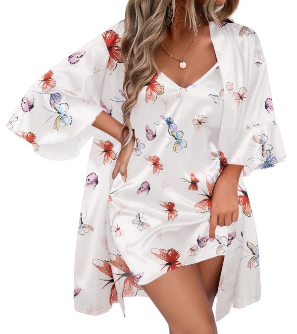 Women's Silk Robe Set V-neck 2 Piece Bridal Party Robes and Satin Bathrobe Set with Pockets
