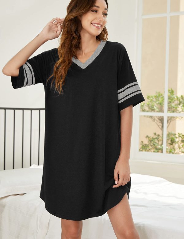 Womens Nightgown Cotton Sleepwear Short Sleeve Sleep Shirt V Neck Color Block Nightshirt