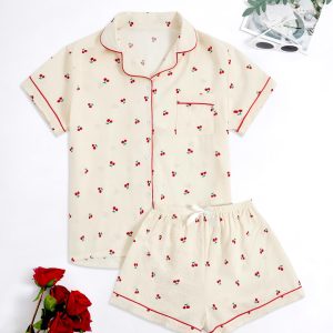 Women's 2 Piece Pajama Set Matching Pjs Sets Cute Printed Sleepwear Button Up Shirt with Lounge Shorts Set