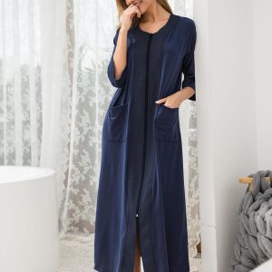 Women's Zipper Robe 3/4 Sleeve Housecoats Full Length House Dress Loungewear Long Nightgown with Pockets