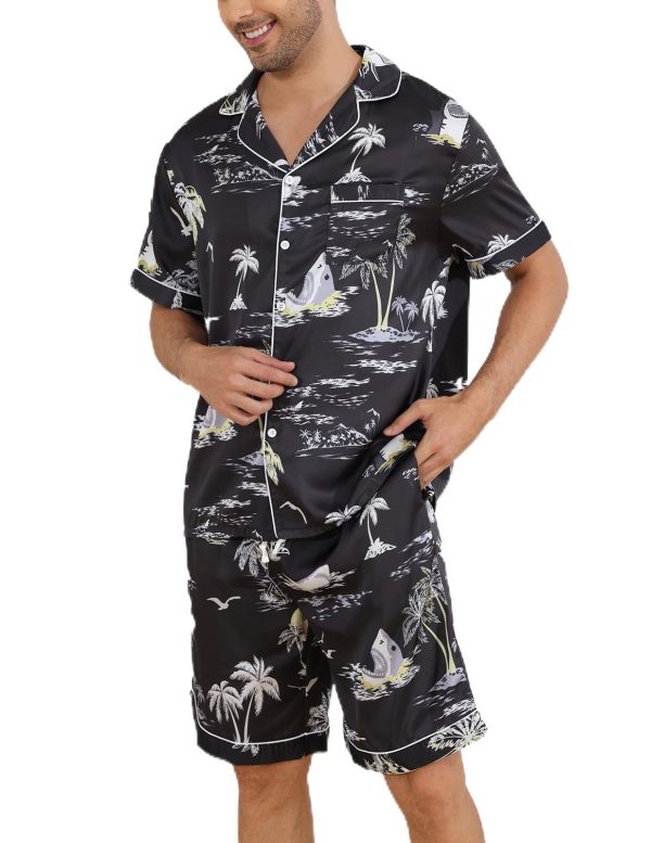 Mens Silk Satin Pajamas Set Short Sleeve Sleepwear Button-Down Pjs Sets Two-Pieces Loungewear with Pockets S-XXL