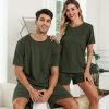 Matching Pajamas for Couples Ribbed Knit Pajama Short Sleeve Soft Sleepwear 2 Piece Loungewear S-XXL