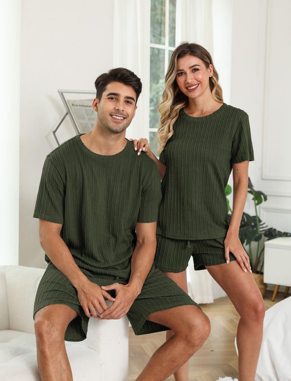 Matching Pajamas for Couples Ribbed Knit Pajama Short Sleeve Soft Sleepwear 2 Piece Loungewear S-XXL