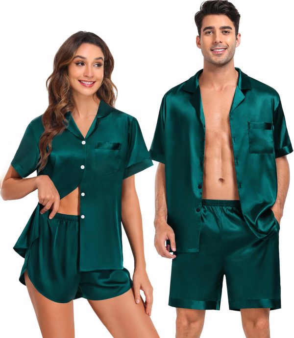 Couple Satin Matching Pajamas Sets Women & Men Short Sleeve Sleepwear Silk Button Down Nightwear 2 Pieces Loungewear