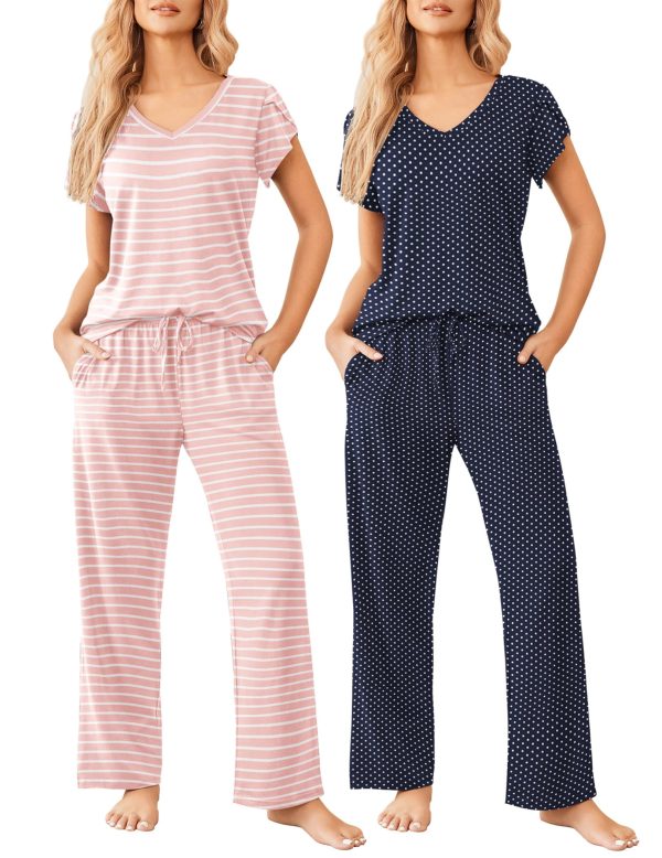 2 Pack Womens Pajamas Short Sleeve Sleepwear Top with Pants Super-Soft Printed Lounge Sets S-XXL