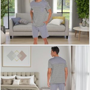 Men's Pajama Set Cotton Pajamas Striped Short Sleeve & Shorts Pjs Sets Sleepwear Summer Lounge Set with Pockets