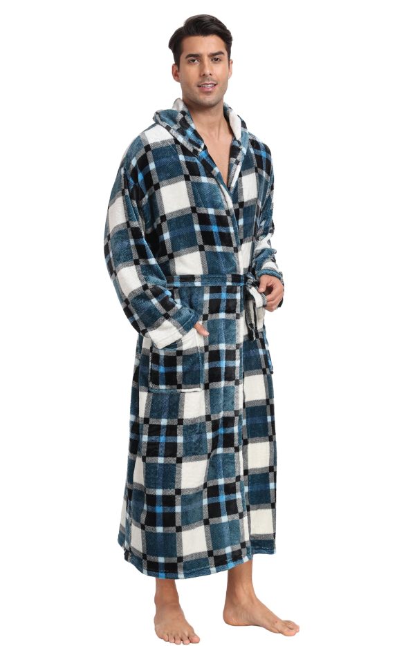 Mens Hooded Robe Plush Flannel Fleece Full Length Bathrobe Warm House Coat Long Lounge Robe with Hood Pockets