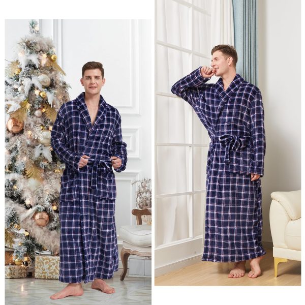 Men's Fleece Plush Bathrobe Full Length Big and Tall Shawl Collar Plaid Men Robe