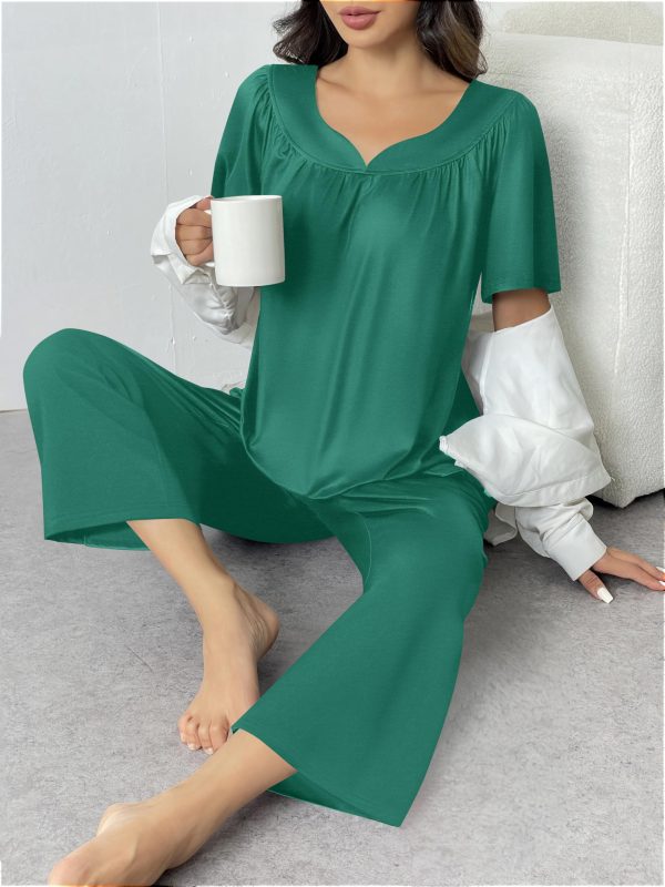 Capri Pajamas Short Sleeve Mumu Pjs Sets 2 Pieces Pleated Top and Capri Pants Sleepwear Loungewear for Women