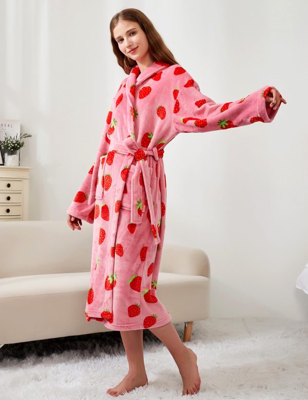 Women's Fleece Bath Robe Full Length Plush Soft Bathrobe Warm Lounge Sleepwear Robe with Pockets Gift for Mom Wife Dad Friend