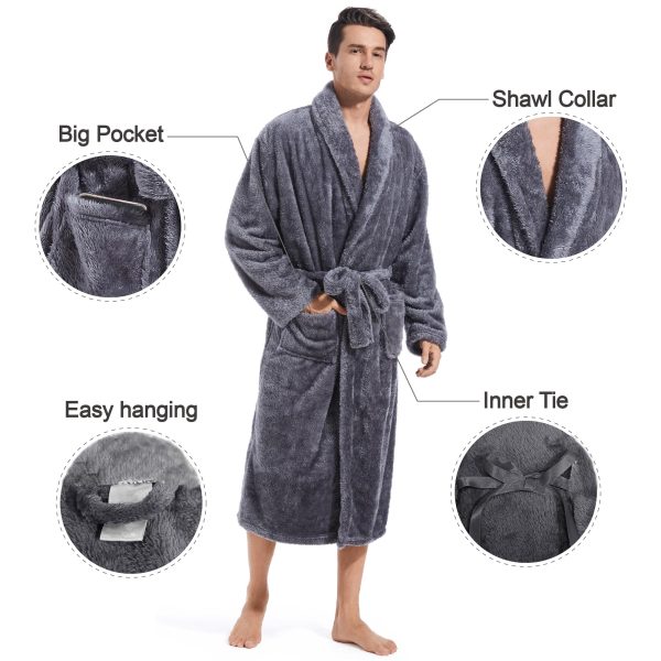 Mens Plush Fleece Robe, Cozy Warm Bathrobe Fuzzy Male Spa Long Robe With Pockets (DARK GREY)