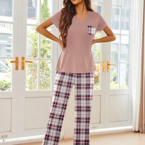 Pajama Sets For Women 2 Piece Short Sleeve Pj Sets With Long Printed Pants Sleepwear Casual Loose Lounge Sets