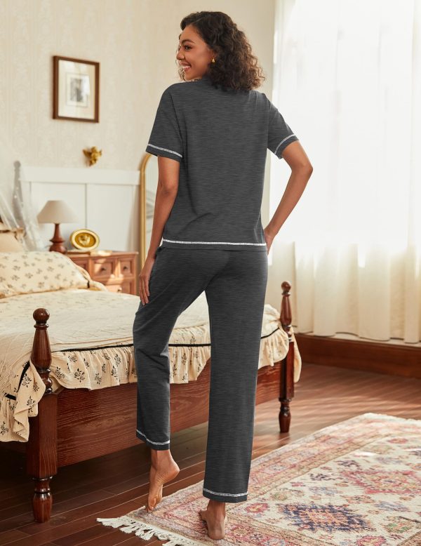 Cotton Pajamas Sets for Women 2 Piece Button Down Short Sleeve Pj Set with Long Pants Lounge Set Soft Sleepwear S-XXL