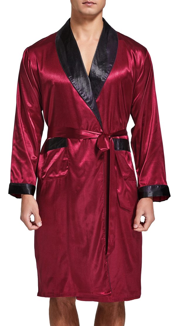Mens Satin Robe Lightweight Silk Long Sleeve Bathrobe with Shorts Set Spa Kimono Sleepwear