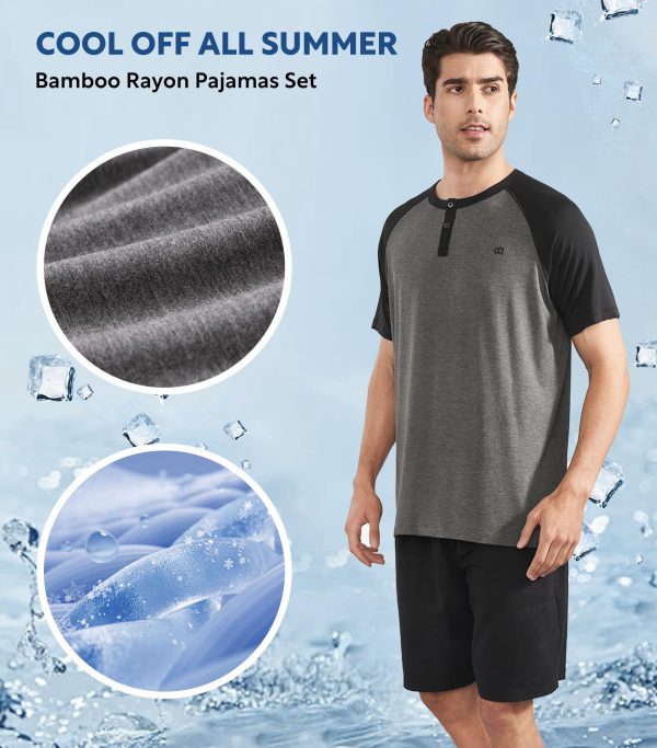 Mens Pajamas Set Cooling Summer Sleepwear Rayon Made from Bamboo Pjs Short Sleeve Henry Neck Loungewear