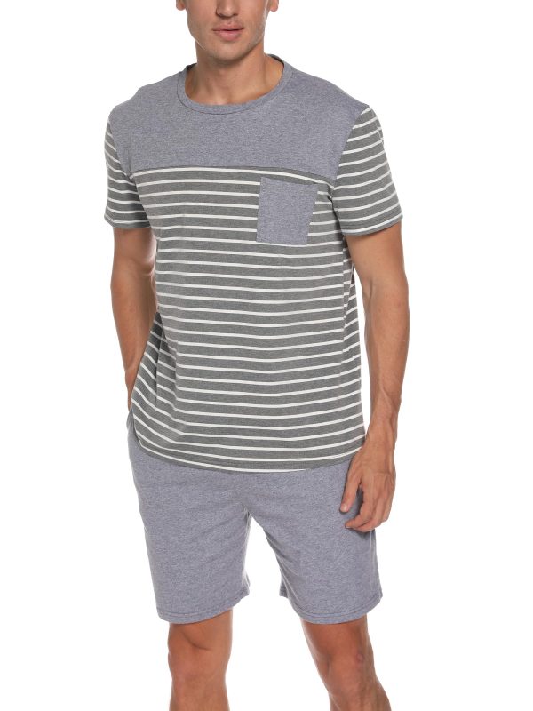 Men's Pajama Set Cotton Pajamas Striped Short Sleeve & Shorts Pjs Sets Sleepwear Summer Lounge Set with Pockets