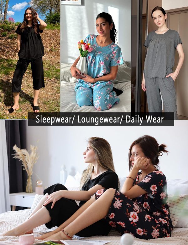 Pajama Set for Women 2 Piece Capri Pants Short Sleeve Top Sleepwear Soft Pjs Loungewear with Pockets S-3XL
