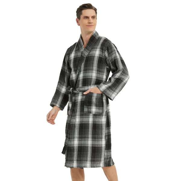 Men's Robe-Polyester Flannel Ultra-Lightweight Bathrobe for Unisex,Scottish Plaid Style Shawl Collar Bathrobe