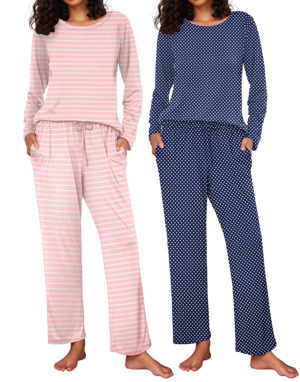 2 Pack Women's Pajama Set Soft Long Sleeve Sleepwear Loungewear Pjs Sets with Pockets S-XXL