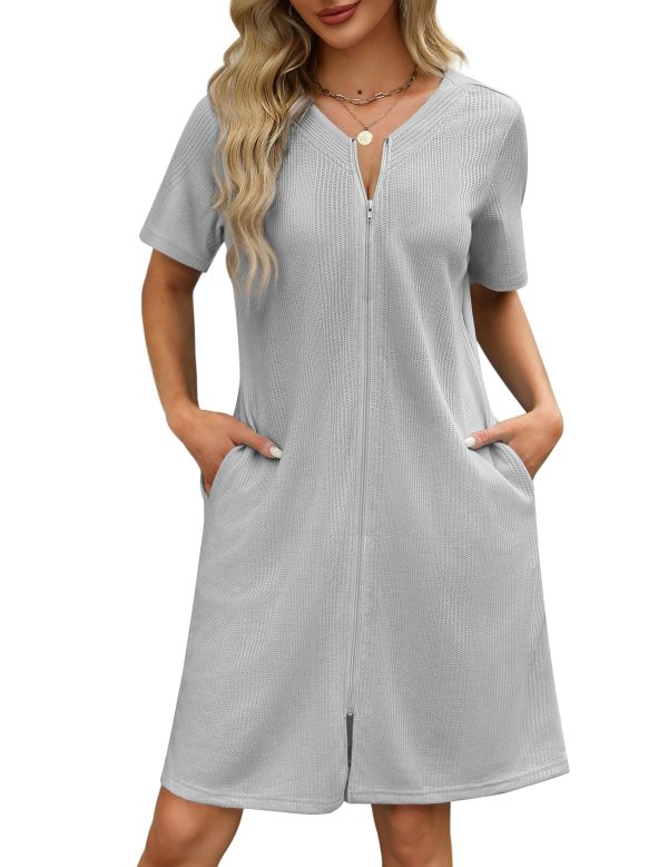 Women Zipper Robes Waffle Short Bathrobe Lightweight House Coat with Pockets Soft Nightgown S-3XL