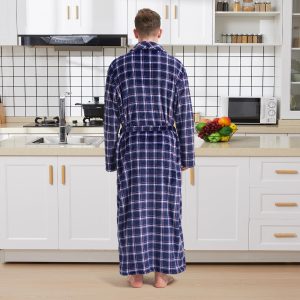 Men's Fleece Plush Bathrobe Full Length Big and Tall Shawl Collar Plaid Men Robe