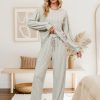 Womens Lounge Set Cute Long Sleeve Pajama Sets Casual 2 Piece Pj Outfit Fall Sleepwear Pockets