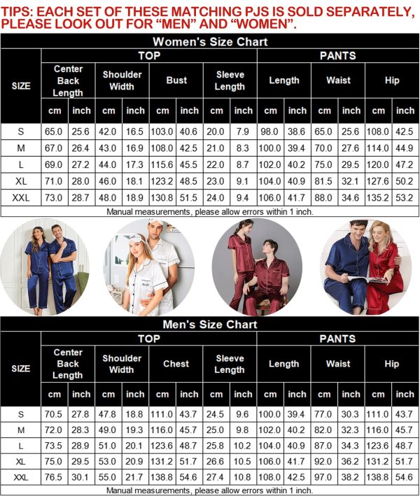 Couples Pajamas Sets Women & Men Satin Short Sleeve Sleepwear Button Down Loungewear Pjs Set with Long Pants