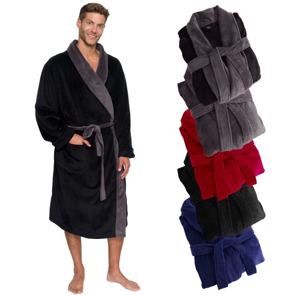 Mens Robe Shawl Collar Wrap Style - Mid Length Plush Fleece Bathrobe