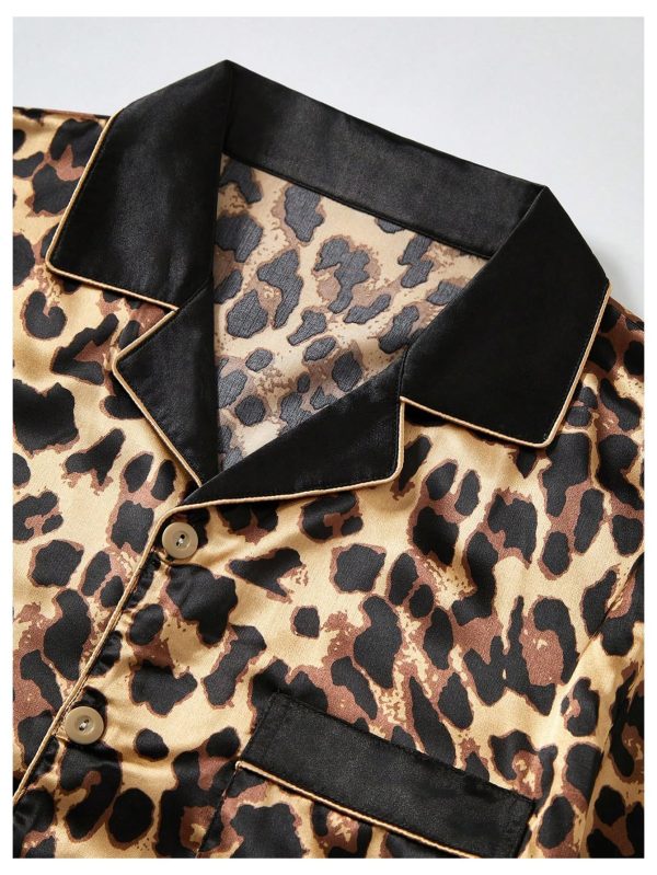 Men's 2 Piece Leopard Print Satin Pajama Set Button Down Short Sleeve Shorts Loungewear Sets