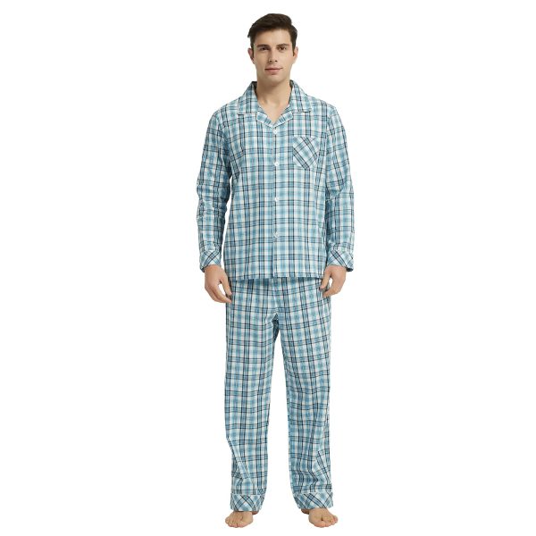 Mens Cotton Pajama Set, Button Down Woven Pajama Set for Men Plaid Men's Sleepwear