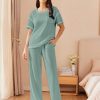 Women Waffle Knit Lounge Sets Short Sleeve Top and Long Pant Pajama Set Loungewear 2 Piece Pjs Set with Pockets