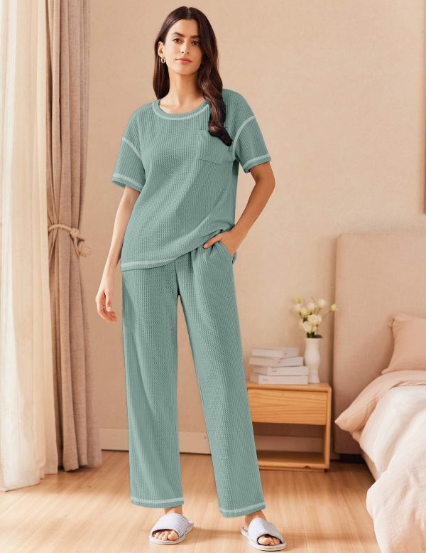 Women Waffle Knit Lounge Sets Short Sleeve Top and Long Pant Pajama Set Loungewear 2 Piece Pjs Set with Pockets