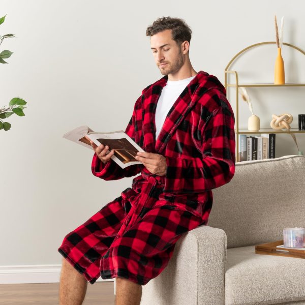 Mens Robe, Hooded Fleece Bathrobe for Men, Plush Long Warm Robe for Male Bath Spa