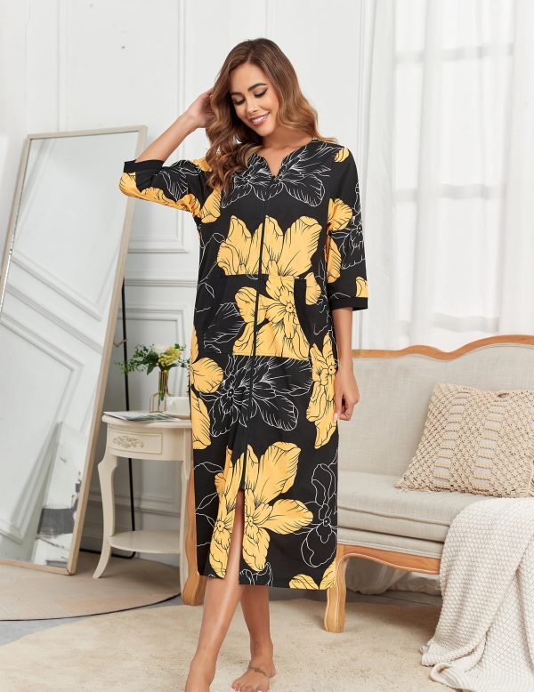 Zipper Robes For Women Cotton Housecoat 3/4 Sleeves Long Nightgowns And Bathrobe With Pockets Plus Size S-3XL
