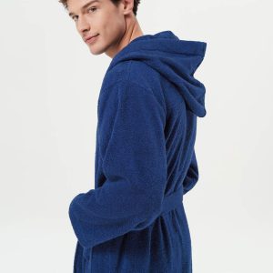 Mens Hooded Robe Terry Cloth, Cotton Bathrobe, Knee-Length Towel Robe for Spa, Swim, After Shower & Sleepwear