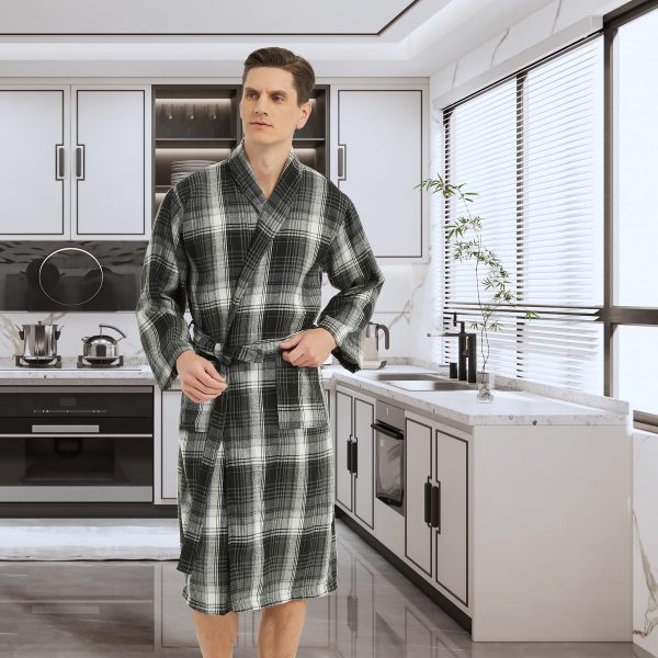 Men's Robe-Polyester Flannel Ultra-Lightweight Bathrobe for Unisex,Scottish Plaid Style Shawl Collar Bathrobe