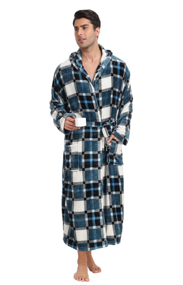 Mens Hooded Robe Plush Flannel Fleece Full Length Bathrobe Warm House Coat Long Lounge Robe with Hood Pockets