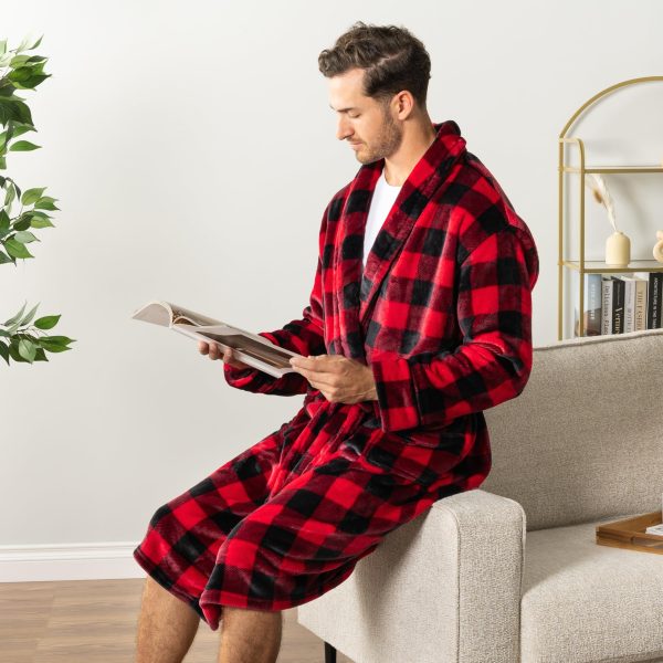 Fleece Mens Robe, Plush Flannel Bathrobe, Soft Long Spa Robe for Men