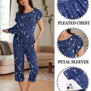 Womens Pajama Set Short Sleeve Sleepwear Pleated Floral Pjs Set Capri Pants Lounge Sets with Pockets S-XXL