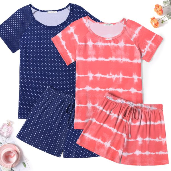 2 Pack Pajamas Womens Short Sleeve Sleepwear Soft Crew Neck Pj Shorts Set Printed Loungewear Set with Pockets S-XXL