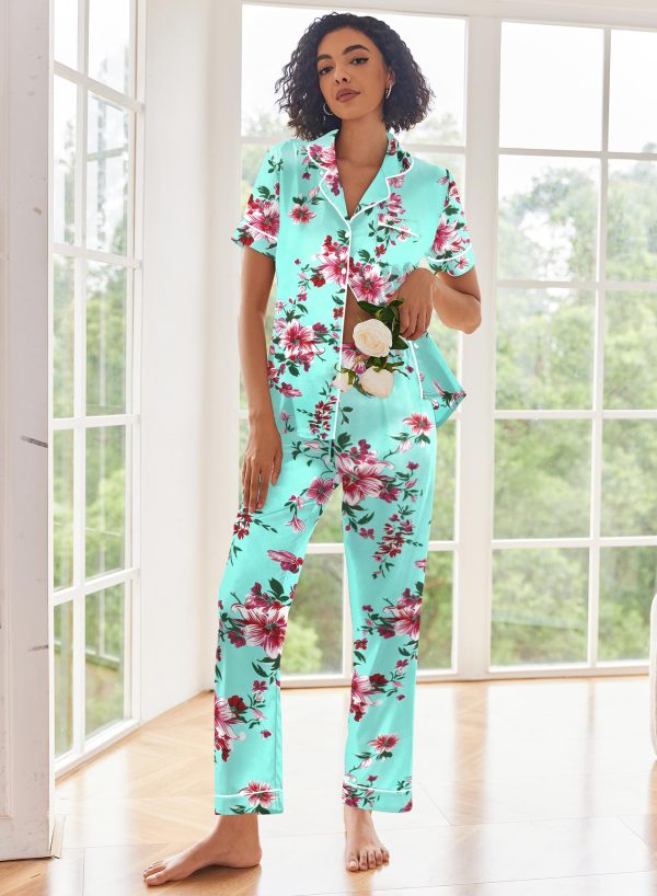 Silk Satin Pajamas Set Women Short Sleeve Sleepwear Soft Button Down Loungewear Pjs Set