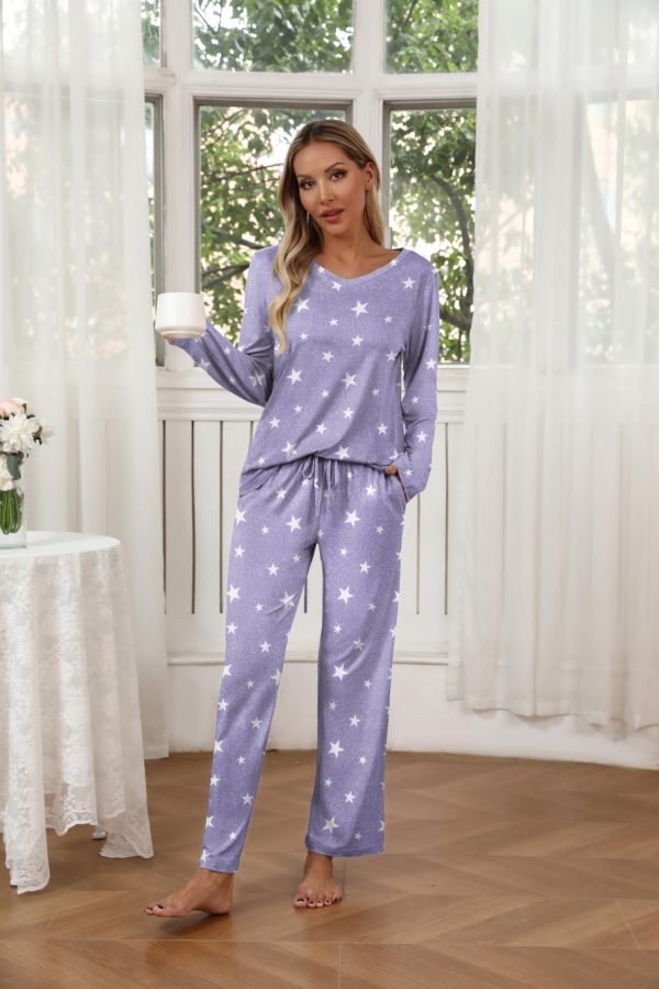 Womens 2 Pack Pajama Set Long Sleeve Pajamas Top and Pants V Neck Pjs Set Soft Loungewear with Pockets