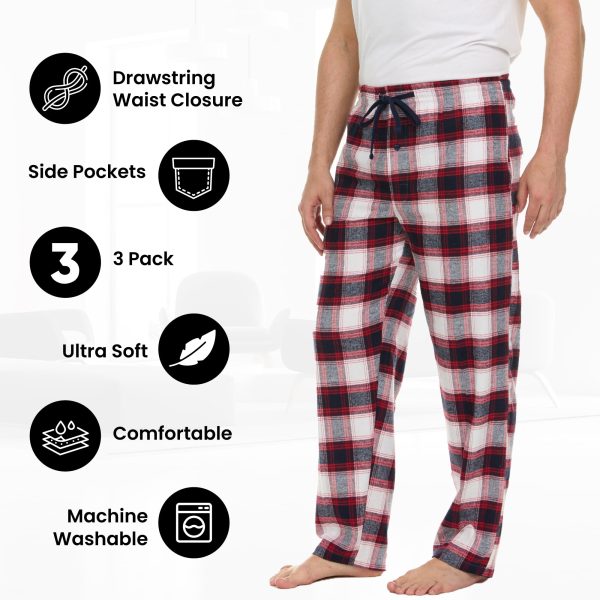 Pajama Pants for Men - 3 Pack Pajama Bottoms - Cotton Blend Flannel Plaid Lounge Pants, Comfortable PJ Pants