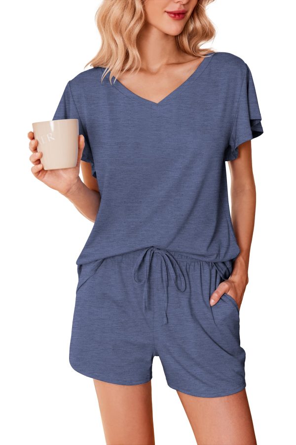 Women's Pajamas Set Ruffle Sleeves Sleepwear V Neck Comfy 2 Piece Pjs Loungewear Set with Pockets S-XXL