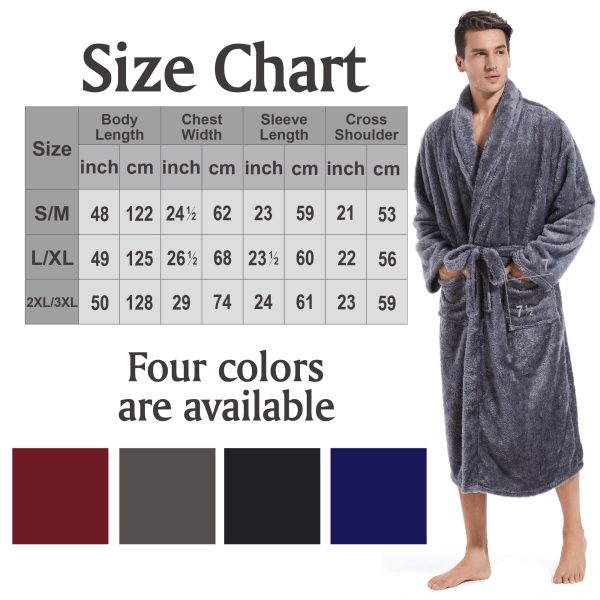 Mens Plush Fleece Robe, Cozy Warm Bathrobe Fuzzy Male Spa Long Robe With Pockets (DARK GREY)