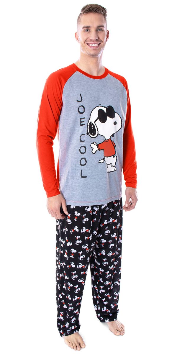 Peanuts Men's Joe Cool Snoopy Pajamas Long Sleeve Raglan Shirt and Pant 2 Piece Pjs Adult Pajama Set