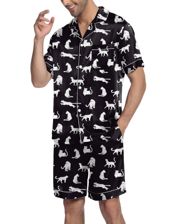 Mens Satin Pajamas Set Button-Down Short Sleeve Shirt Top Soft Silk Sleepwear Loose Pocket Pant Loungewear