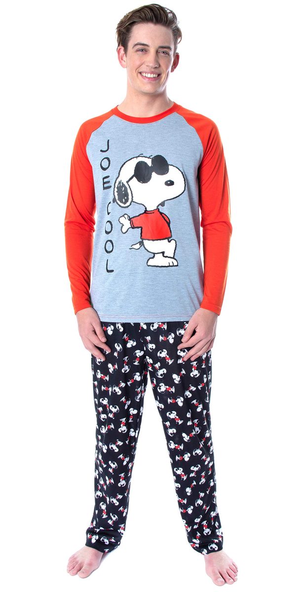 Peanuts Men's Joe Cool Snoopy Pajamas Long Sleeve Raglan Shirt and Pant 2 Piece Pjs Adult Pajama Set