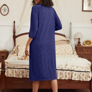 Zipper Robes for Women Ribbed Knit Bathrobe Lightweight Full Length Loungewear with Pockets S-3XL