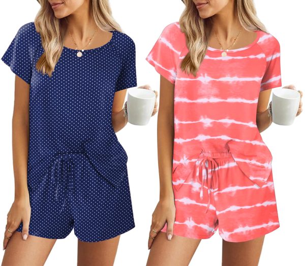 2 Pack Pajamas Womens Short Sleeve Sleepwear Soft Crew Neck Pj Shorts Set Printed Loungewear Set with Pockets S-XXL